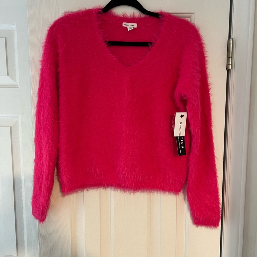 Tribal Bright Pink Fuzzy V-Neck Sweater